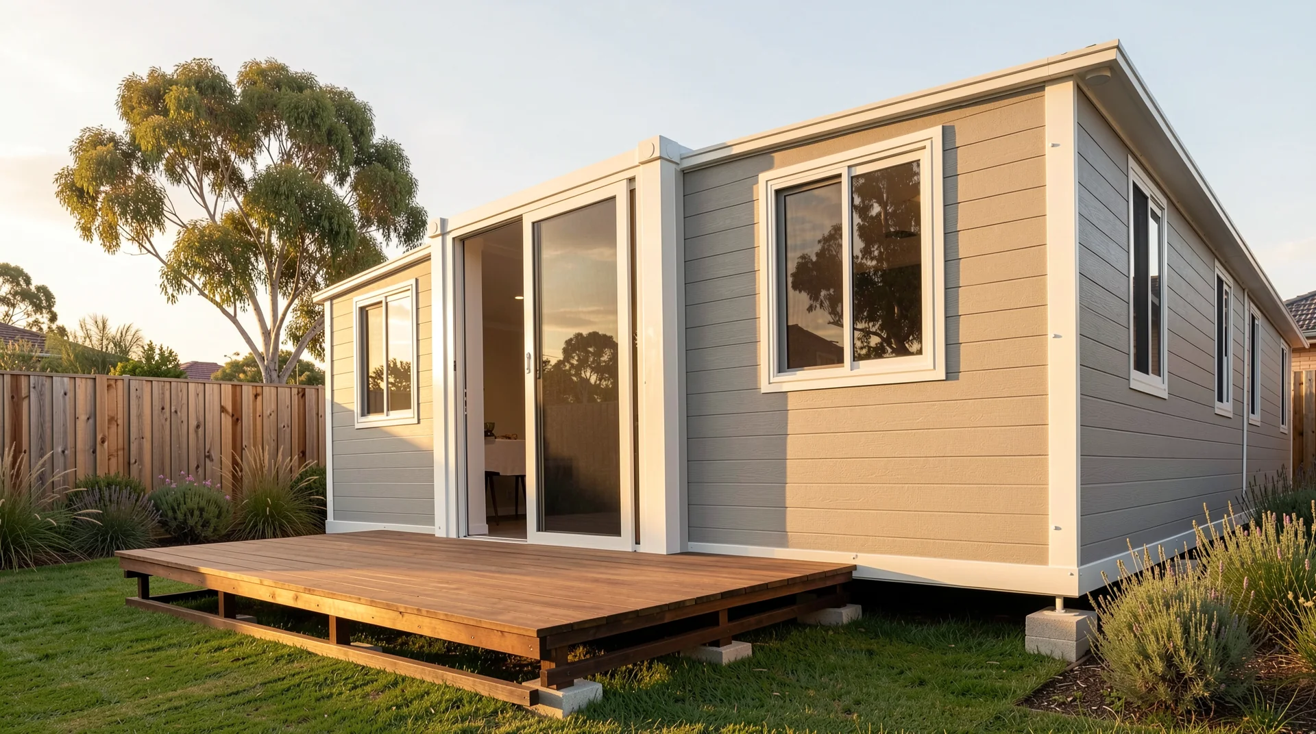 Instant Granny Flats relocatable home in a backyard at sunset